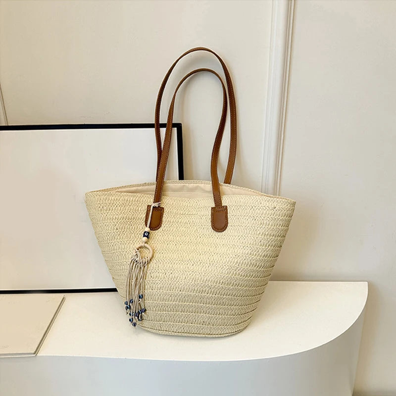Women Woven Tote Bag Fashion Shoulder Bag Large Capacity Simple Woven Handbag Tote Clutch Bags Chic Hobo Bag for Party Vacation