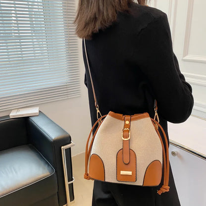 Women Fashion Bucket Bag New 2025 Trendy Single-shoulder Bag with Canvas Patchwork Luxury Texture Crossbody Bags