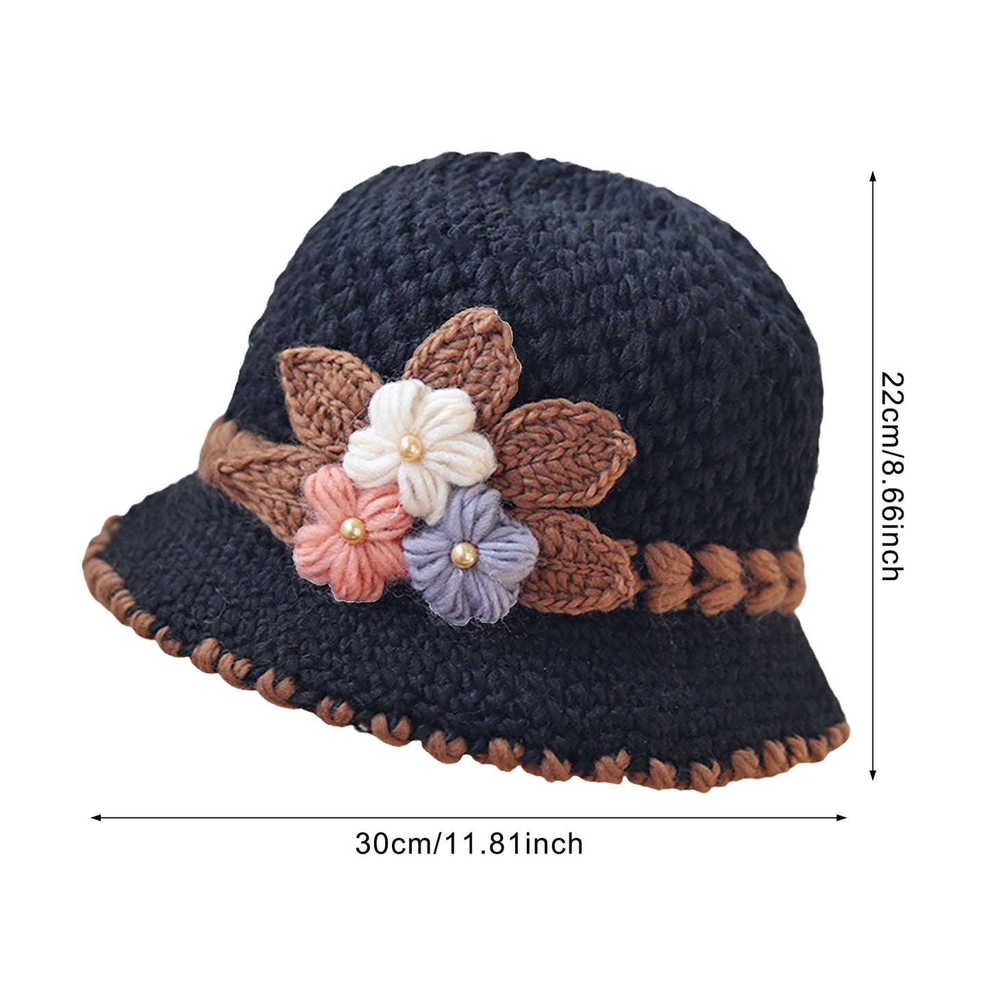 Knitted Hat Women's Autumn And Winter Wool Hat Classic Winter Women's Hat Flower Fleece-lined Bucket Hat Mother Warm Winter Hat