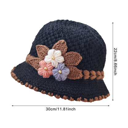 Knitted Hat Women's Autumn And Winter Wool Hat Classic Winter Women's Hat Flower Fleece-lined Bucket Hat Mother Warm Winter Hat