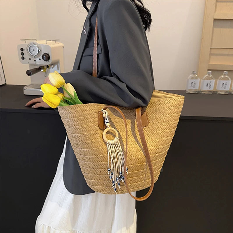 Women Woven Tote Bag Fashion Shoulder Bag Large Capacity Simple Woven Handbag Tote Clutch Bags Chic Hobo Bag for Party Vacation