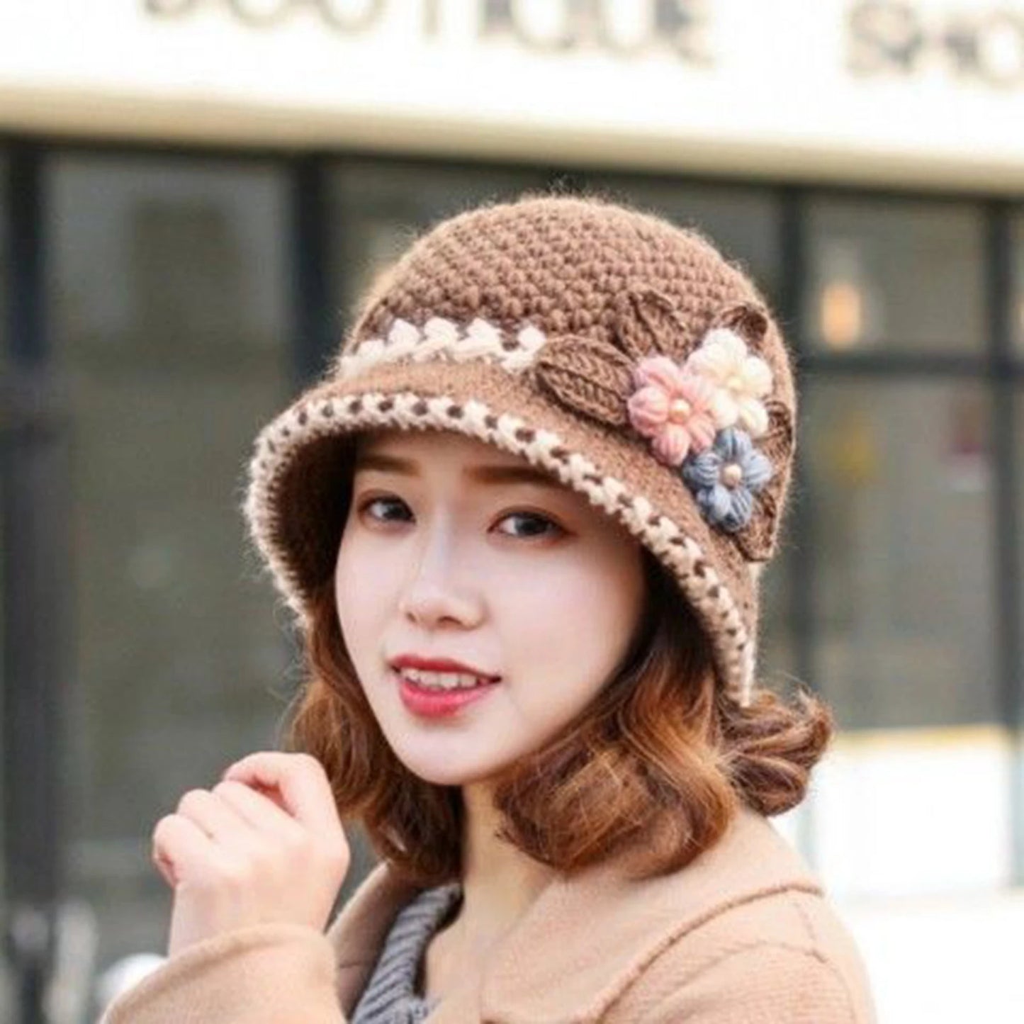 Knitted Hat Women's Autumn And Winter Wool Hat Classic Winter Women's Hat Flower Fleece-lined Bucket Hat Mother Warm Winter Hat
