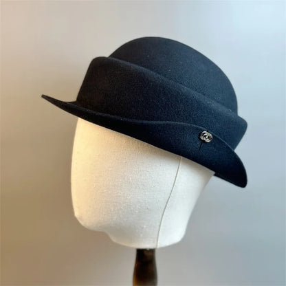 Womens Wool Hat Elegant French Retro Small Flipped Brim Autumn Winter Fashion Accessory