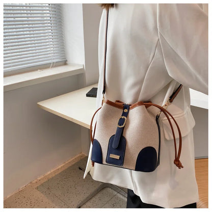 Women Fashion Bucket Bag New 2025 Trendy Single-shoulder Bag with Canvas Patchwork Luxury Texture Crossbody Bags