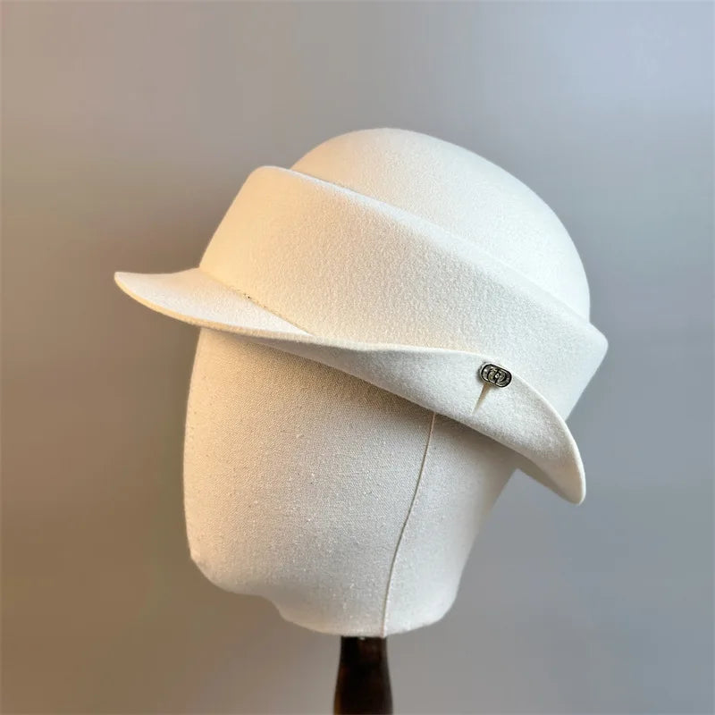 Womens Wool Hat Elegant French Retro Small Flipped Brim Autumn Winter Fashion Accessory