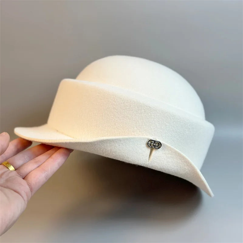 Womens Wool Hat Elegant French Retro Small Flipped Brim Autumn Winter Fashion Accessory