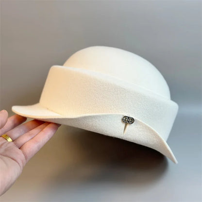 Womens Wool Hat Elegant French Retro Small Flipped Brim Autumn Winter Fashion Accessory