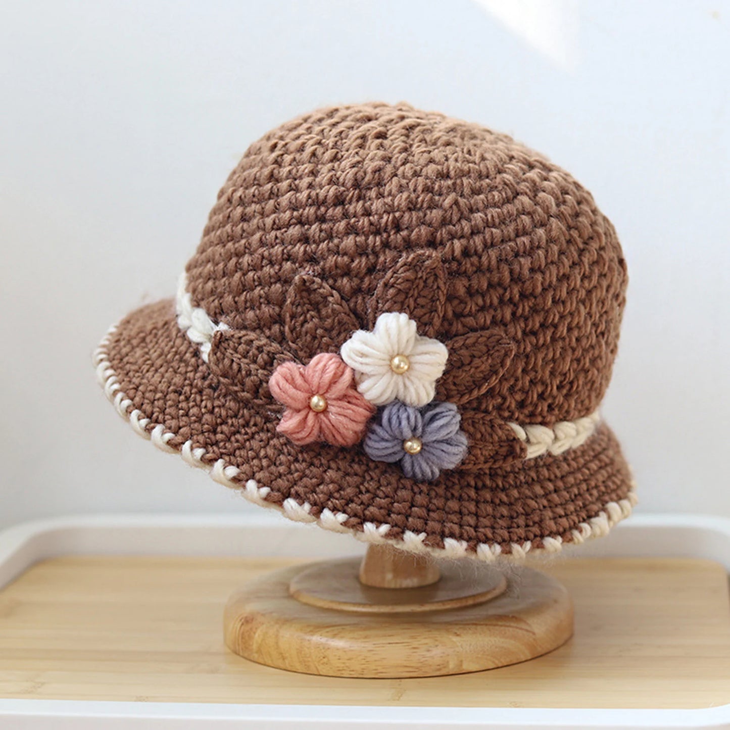 Knitted Hat Women's Autumn And Winter Wool Hat Classic Winter Women's Hat Flower Fleece-lined Bucket Hat Mother Warm Winter Hat