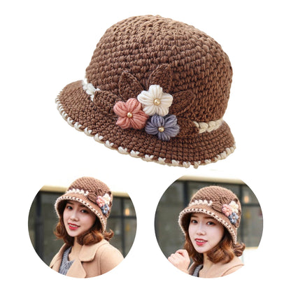 Knitted Hat Women's Autumn And Winter Wool Hat Classic Winter Women's Hat Flower Fleece-lined Bucket Hat Mother Warm Winter Hat