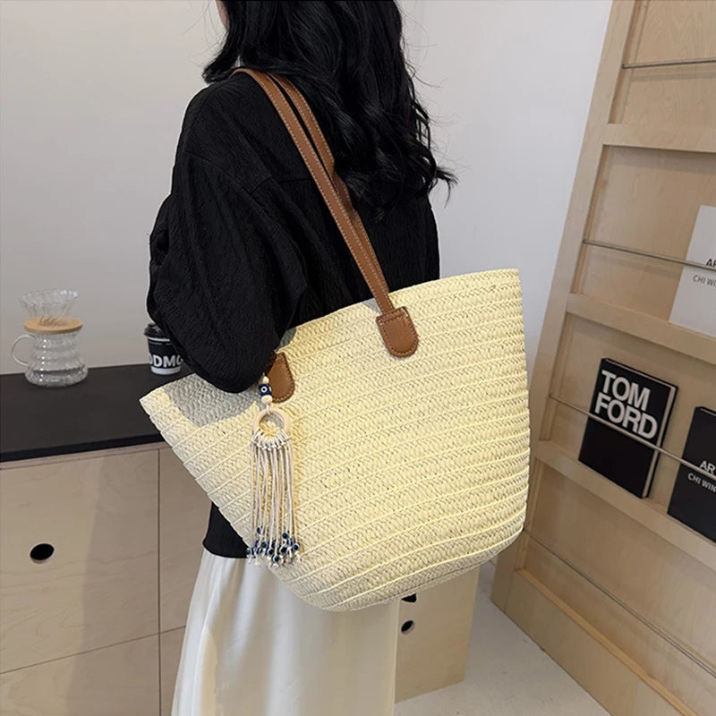 Women Woven Tote Bag Fashion Shoulder Bag Large Capacity Simple Woven Handbag Tote Clutch Bags Chic Hobo Bag for Party Vacation