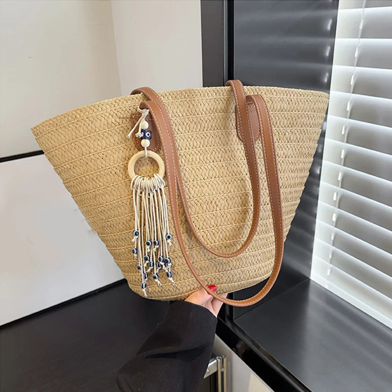 Women Woven Tote Bag Fashion Shoulder Bag Large Capacity Simple Woven Handbag Tote Clutch Bags Chic Hobo Bag for Party Vacation