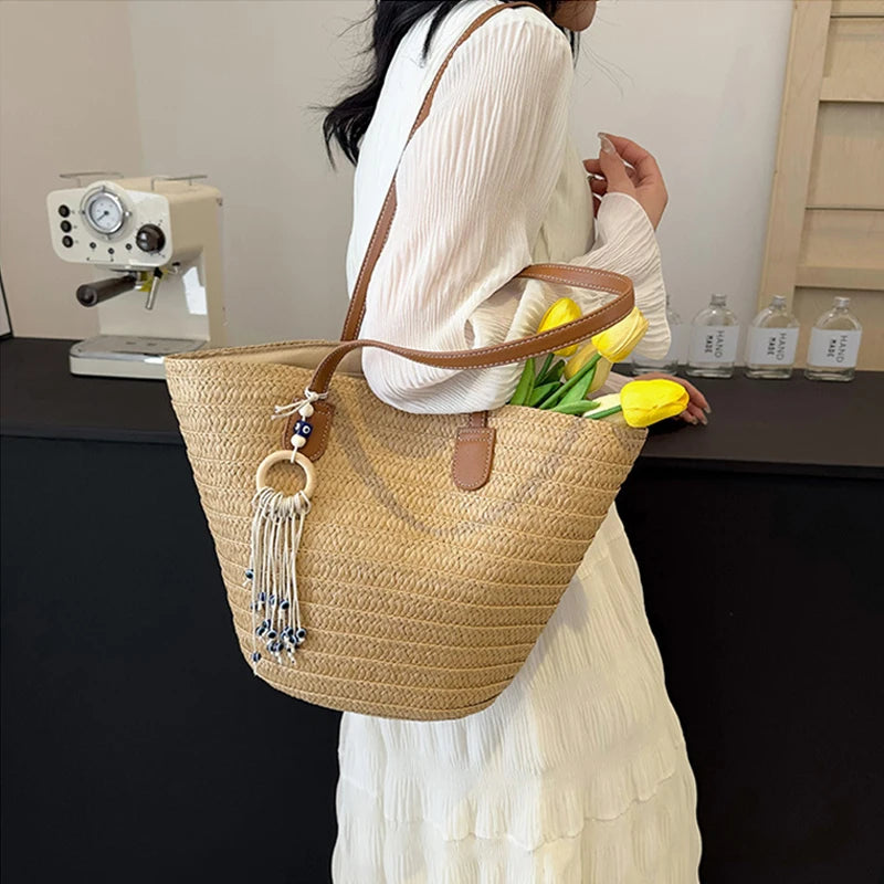 Women Woven Tote Bag Fashion Shoulder Bag Large Capacity Simple Woven Handbag Tote Clutch Bags Chic Hobo Bag for Party Vacation