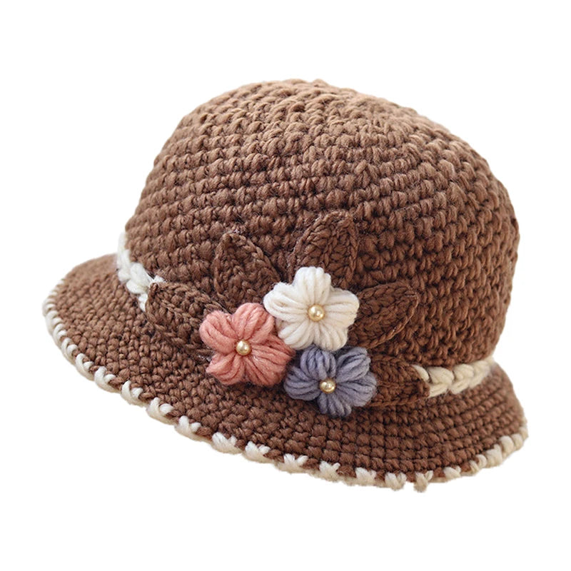 Knitted Hat Women's Autumn And Winter Wool Hat Classic Winter Women's Hat Flower Fleece-lined Bucket Hat Mother Warm Winter Hat