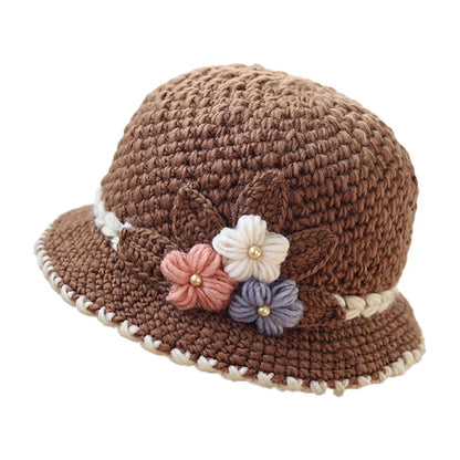 Knitted Hat Women's Autumn And Winter Wool Hat Classic Winter Women's Hat Flower Fleece-lined Bucket Hat Mother Warm Winter Hat