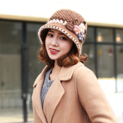 Knitted Hat Women's Autumn And Winter Wool Hat Classic Winter Women's Hat Flower Fleece-lined Bucket Hat Mother Warm Winter Hat