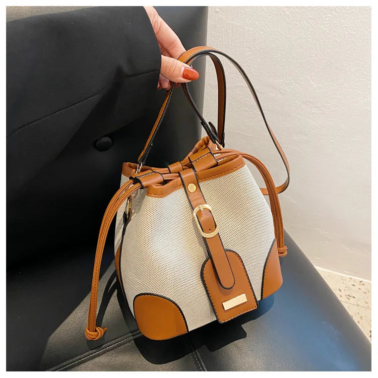 Women Fashion Bucket Bag New 2025 Trendy Single-shoulder Bag with Canvas Patchwork Luxury Texture Crossbody Bags
