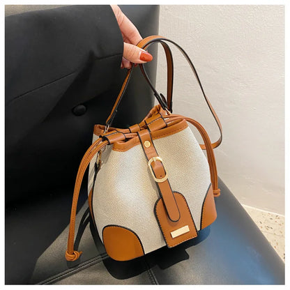 Women Fashion Bucket Bag New 2025 Trendy Single-shoulder Bag with Canvas Patchwork Luxury Texture Crossbody Bags