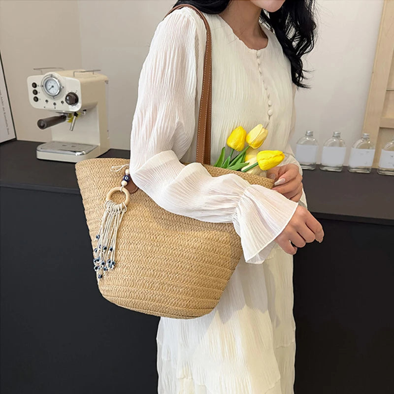 Women Woven Tote Bag Fashion Shoulder Bag Large Capacity Simple Woven Handbag Tote Clutch Bags Chic Hobo Bag for Party Vacation
